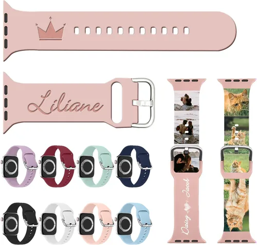 Correas personalizadas compatibles con reloj de 38/40/42/44/1.772 in, correa de silicona grabada personalizada, correa de muñeca suave con logotipo