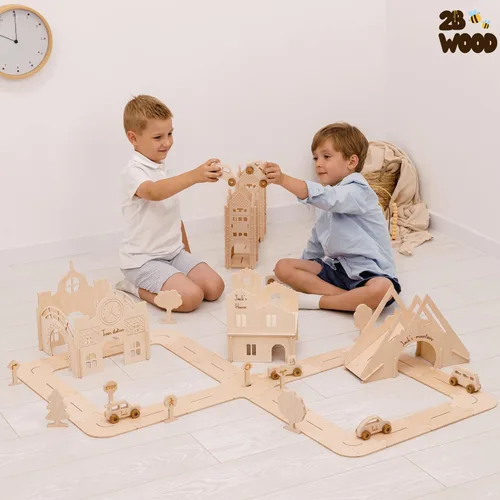 Miniatura 7 de Pista de madera personalizada para niños – tamaño M para niños pequeños – Autos de juguete de madera – Carros de juguete de madera, puente