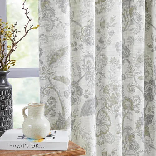 Miniatura 14 de Kayne Studio Paneles de cortina 100% opaca azul gris con estampado de hojas botánicas, cortinas florales de estilo granja para sala de estar y Azul