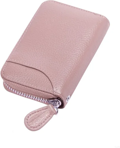 GADIEMKENSD Tarjetero de tarjeta de crédito pequeño RFID cartera cremallera cuero genuino acordeón carteras, Rosado, Mejorado