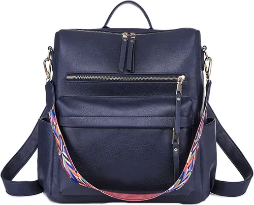 Miniatura 2 de Mochila de piel sintética para mujer, tamaño mediano, bolsos antirrobo y bolsos de hombro, color azul marino, talla única