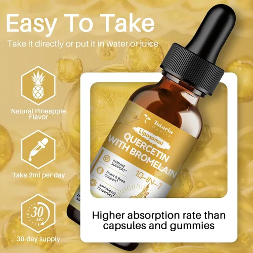 Miniatura 6 de Totaria Quercetina liposomal con gotas líquidas de bromelina, quercetina de alta absorción de 1000 mg y bromelina 500 mg más saúco, vitamina C, zinc