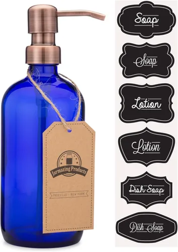 Miniatura 10 de Dispensador de jabón y loción de vidrio azul cobalto con bomba de metal, 16 onzas, (negro, 1)