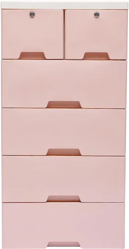 Miniatura 10 de Cómoda de plástico con 6 cajones con llaves, organizador de ropa para dormitorio, armario de almacenamiento de 5 capas con ruedas