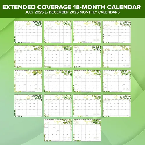 Miniatura 3 de Decorably Calendario académico de 18 meses de vegetación dorada de 18 meses 2025 de julio de 2025 a diciembre de 2026, calendario de pared verde