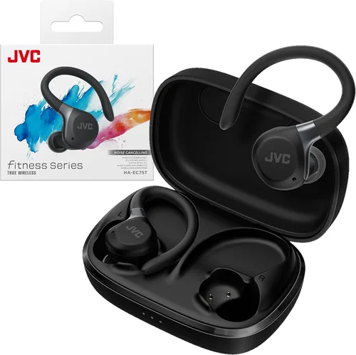 JVC Fitness Series - Auriculares deportivos inalámbricos con ganchos ajustables, cancelación activa de ruido, modo de sonido ambiental, IP57 Negro