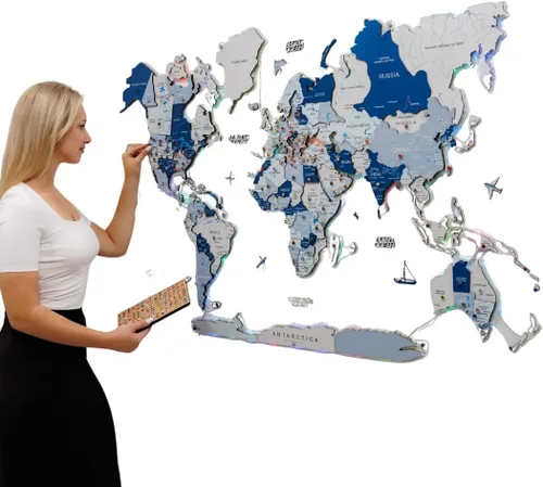 Enjoy The Wood Mapa del mundo de madera 3D LED 2.0, arte de pared moderno para decoración del hogar, regalos de viaje, mapas de madera, tablero de