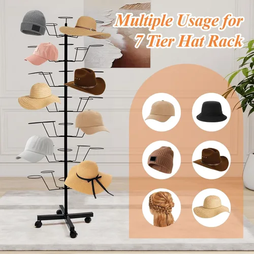 Miniatura 5 de uyoyous Soporte giratorio de 7 niveles para tiendas minoristas, organizador de exhibición de sombreros de metal resistente con ruedas, capacidad
