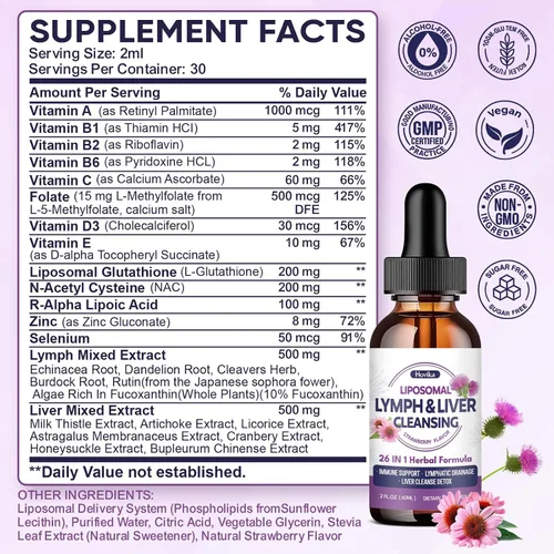 Miniatura 2 de Gotas de drenaje linfático liposomal, limpieza de hígado 26 en 1, desintoxicación y reparación con cardo mariano, equinácea, glutatión, vitaminas
