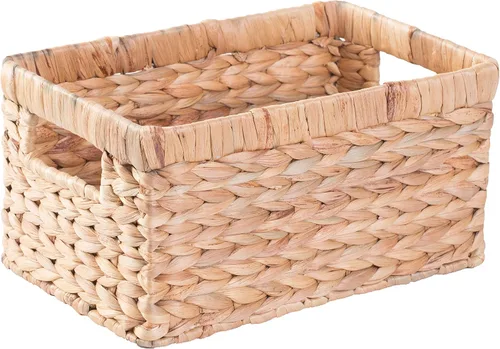Miniatura 3 de Cesta rectangular de mimbre de jacinto de agua tejido natural con asas, organizador de almacenamiento pequeño, bandeja de cesta poco profunda de 12