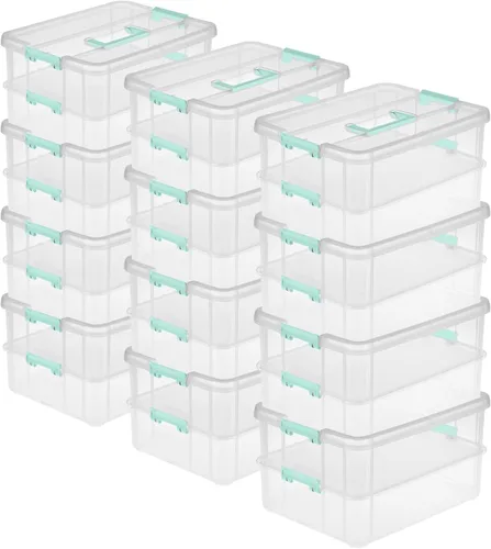 Miniatura 10 de Sterilite Paquete de 4 cajas de asas de 2 capas para almacenamiento en el hogar y la oficina, base transparente y tapa con pestillos