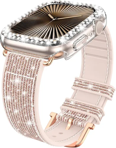 Miniatura 10 de Goton Bling - Correa de silicona brillante compatible con Apple Watch de 1.772 pulgadas (45mm) con protector de borde [sin vidrio], correa que