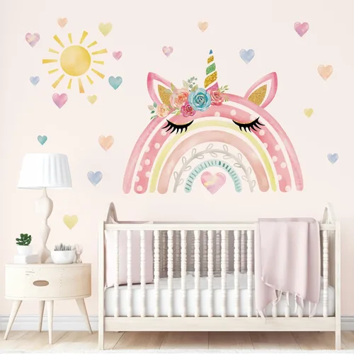 Miniatura 2 de wondever Calcomanías de pared grandes con diseño de arco iris de acuarela, diseño de unicornio y corazones de arco iris, calcomanías de arte