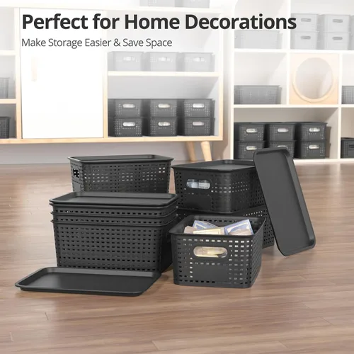 Miniatura 7 de Cesta de almacenamiento de plástico con tapa, contenedores pequeños apilables para organización y contenedores para estantes, cajones, escritorio