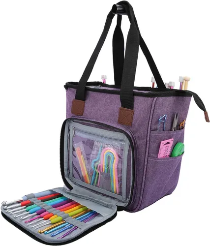 Miniatura 11 de Coopay Bolsa de ganchillo y tejer, organizador de viaje para manualidades, ganchos, agujas, madejas, pintura de diamantes, suministros (verde bosque)