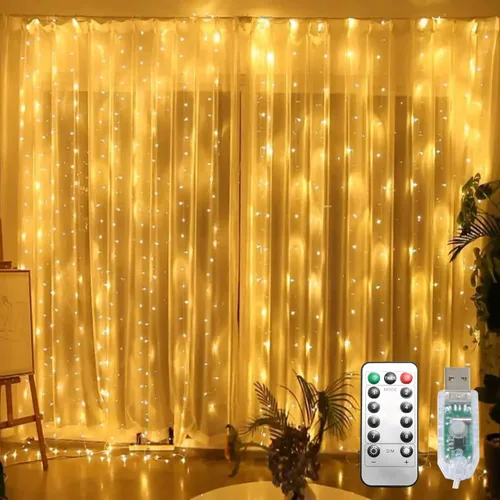 Guirnalda de 300 luces LED tipo cortina, luces de hadas con 8 modos de luz y control remoto, 9.8x9.8 pies, luces para interiores y exteriores para