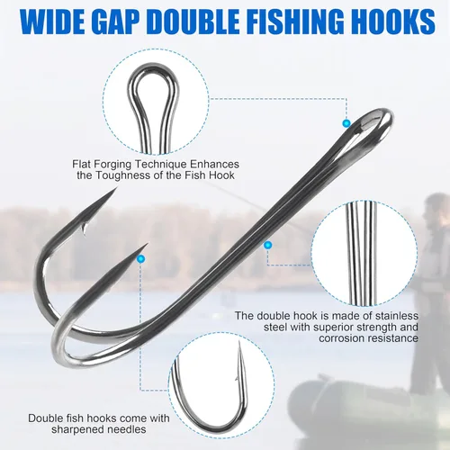 Miniatura 2 de OROOTL Ganchos de pesca dobles, 50 ganchos clásicos de rana de acero de alto carbono, doble gancho de pesca de púas con vástago abierto para agua