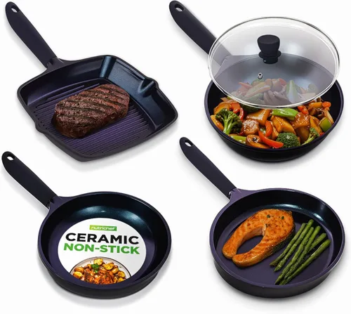 NutriChef Juego de sartenes antiadherentes, 5 piezas de utensilios de cocina de cerámica de diamante azul con tapa, sartén antiadherente para