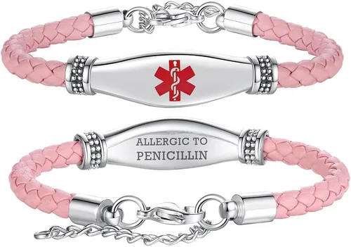 Miniatura 54 de LinnaLove Pulseras de alerta médica para mujeres, hermosas pulseras de cuero femenino para identificación médica con grabado gratuito