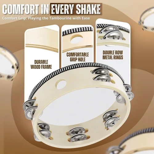 Miniatura 5 de Flexzion Pandereta redonda de madera para niños y adultos de 8" pulgadas, 8 pares de jingles de fila única, instrumento de percusión de mano de Una
