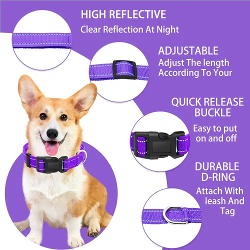 Miniatura 2 de collar reflectante para perros con hebilla de cierre de seguridad, collares de nailon ajustables, suaves y transpirables para perros pequeños
