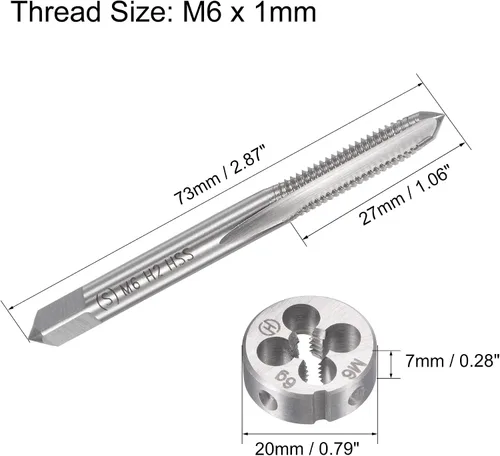 Miniatura 2 de uxcell M6 x 0.039 in Juego de llaves métricas y troqueles, rosca de máquina con troquel de roscado redondo, kit de grifo y troquelado