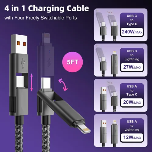 Miniatura 2 de Cable de carga de 240W 4 en 1, cable de carga rápida USB C a Lightning, cable trenzado USB a USB C, cable de carga múltiple esencial para viajes