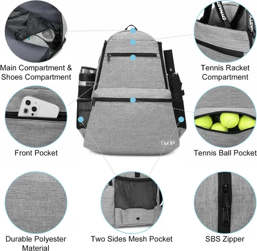 Miniatura 3 de Sucipi Bolsa de Tenis Profesional Mochila de Tenis para Hombres y Mujeres Bolsas de Raqueta con Capacidad para 2 Raquetas con Compartimento Gris