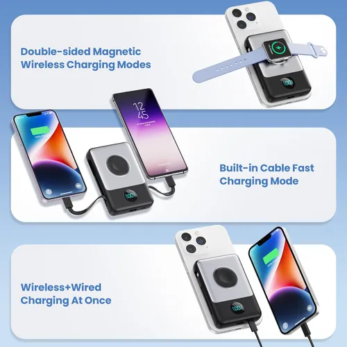 Miniatura 4 de Cargador portátil magnético de 10800 mAh para iPhone con cables integrados, cargador de batería inalámbrico 6 en 1 con cargador iWatch, pantalla LCD