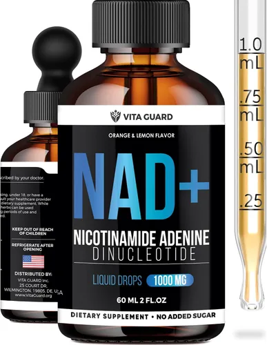 Vita Guard Pure NAD+ Liquid Drops 1000mg | Fórmula de nicotinamida y adenina | Vegano, sin OMG | Sabor natural de limón y naranja | Suplemento