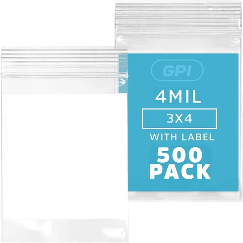 Miniatura 27 de GPI - 3" x 4" - Caja a granel de 1000, bolsas de plástico transparente con cierre de cremallera de 4 mil de grosor, resistentes, con bloque blanco