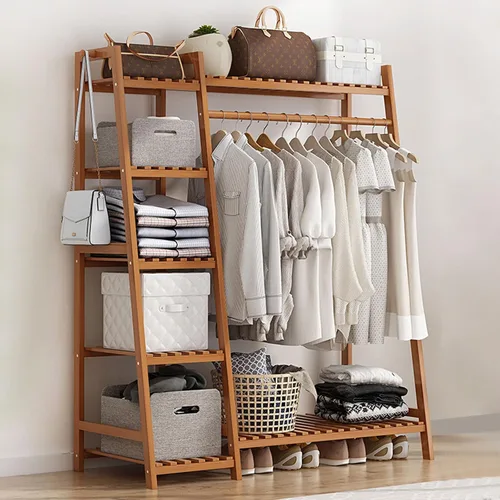 Miniatura 11 de Perchero de bambú para ropa, con estantes de almacenamiento y ganchos, organizador de almacenamiento de ropa abierto para entrada, dormitorio, sala