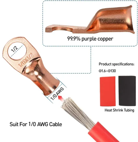 Miniatura 3 de 12 conectores de terminal de anillo de cobre 1/0x1/2 de 1/0 AWG de alta resistencia, extremos de cable de batería, terminales de cobre desnudo