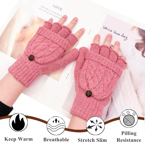 Miniatura 44 de Beurlike Guantes de invierno para mujer, de lana cálida, a prueba de viento, convertibles, sin dedos