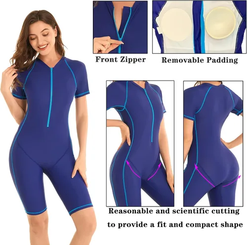 Miniatura 4 de Traje de baño de una pieza para mujer con cremallera frontal y manga corta, traje de baño atlético para adolescentes