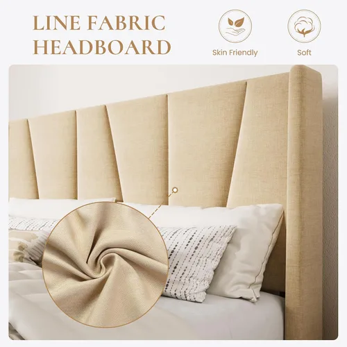 Miniatura 4 de SHA CERLIN Base de cama tamaño King con cabecera geométrica con respaldo de ala, cama de plataforma tapizada con espacio debajo de la cama de 8 Beige