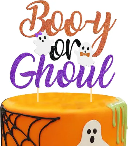 Miniatura 12 de 24 piezas de adornos de Halloween para cupcakes fantasmas, palillos de revelación de género para niños y niñas, adornos para tartas rosas y azules