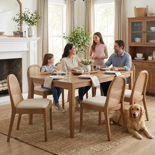 Miniatura 7 de LukeAlon Juego de 2 sillas de comedor de lino, sillas laterales de caña tejida natural con patas de madera maciza, sillas de comedor de mediados
