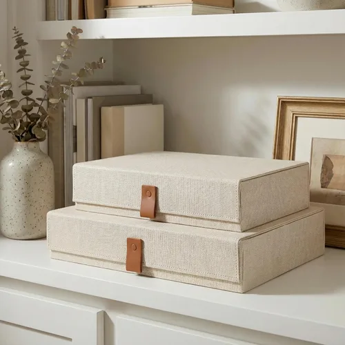 Miniatura 10 de Cajas Decorativas de Almacenamiento de Fotos con Tapas - Juego de 2 Hermosos Organizadores de Lino Son Perfectos para Almacenar de Forma Segura Tus