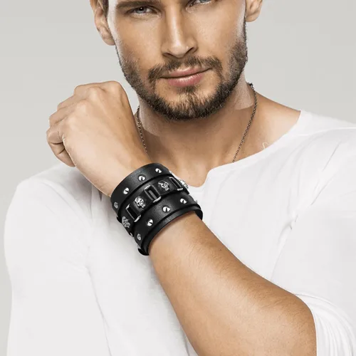 Miniatura 2 de Aroncent Pulsera de cuero con calavera: pulsera ancha con remache de metal, estilo de bicicleta punk rock, ajustable, pulsera gótica para hombre