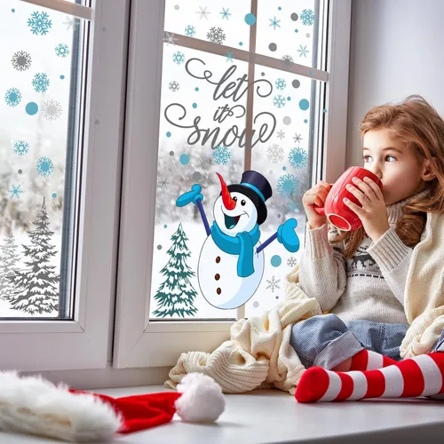 Miniatura 3 de Soaoo 63 calcomanías de pared de invierno, calcomanías de copos de nieve, calcomanías extraíbles de muñeco de nieve de Navidad, arte de pared