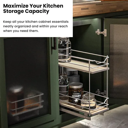 Miniatura 5 de Home Zone Living Organizador extraíble para gabinete de cocina con 2 niveles de almacenamiento para fácil acceso, 7.5"An x 20"Pr, níquel satinado