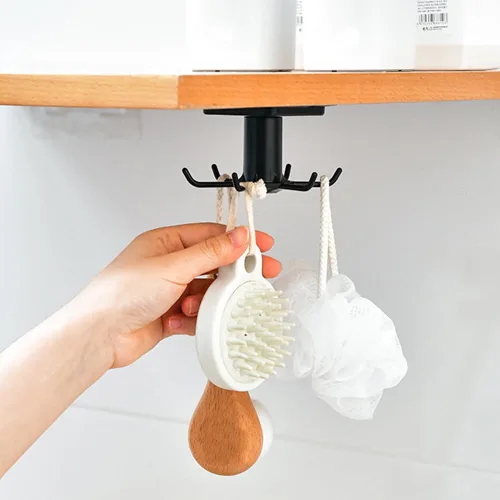 Miniatura 7 de 4 ganchos para utensilios de cocina debajo del gabinete, rotación de 360°, adhesivo sin uñas, estante colgante para utensilios de cocina