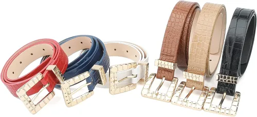 Miniatura 6 de Cinturón de cuero para mujer para pantalones vaqueros con hebilla cuadrada de patrón de cocodrilo