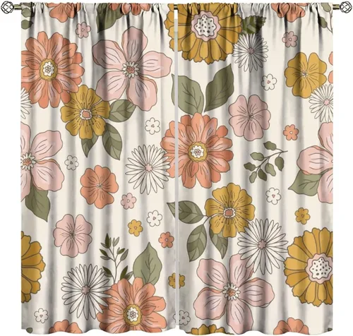 Miniatura 13 de Cortinas estilo retro de los años 60, estilo hippie floral, blanco y naranja, estilo bohemio y moderno, para cocina, dormitorio, decoración