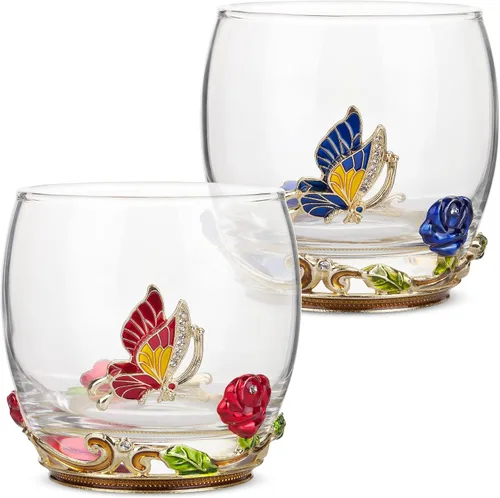 Miniatura 6 de BTAT - Juego de 2 copas de vino sin tallo, 10 onzas, rojo/azul, diseño de mariposa y flor con caja de regalo, copas de vino florales