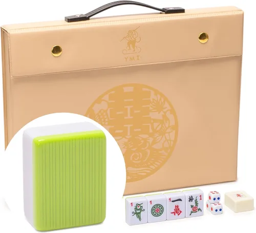 Yellow Mountain Imports Juego de mahjong chino, "Aureum Spring" con 146 azulejos medianos, funda de vinilo tono champán, indicador de viento y