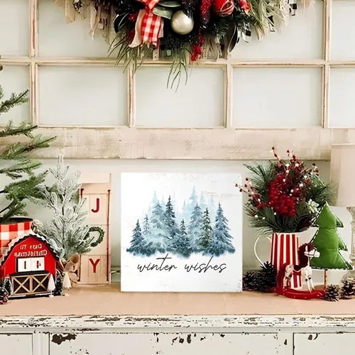 Miniatura 2 de MTRGDN Decoración de árbol de invierno, letrero de Navidad y decoración de Navidad, placa de bloque de madera rústica para el hogar