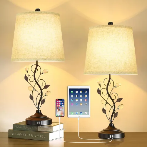 Sheetea Juego de 2 lámparas de mesa estilo granja de 24.5 pulgadas, lámparas rústicas para dormitorio con 2 puertos de carga USB, pantalla de tela