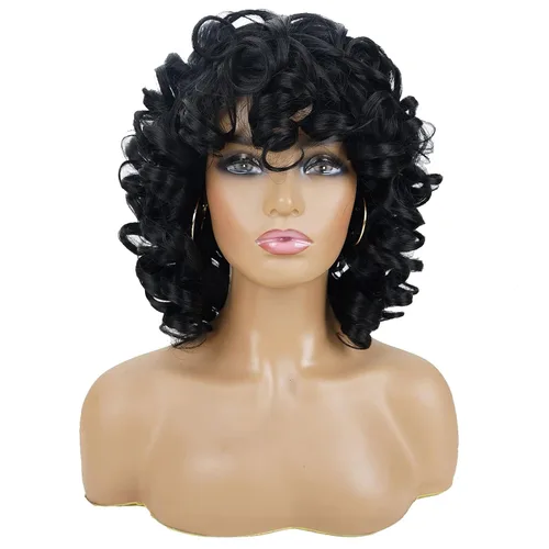 Miniatura 2 de andromeda Pelucas rizadas marrones para mujeres negras, peluca rizada afro suave con flequillo, suelta, bonita, rizada, resistente al calor, aspecto